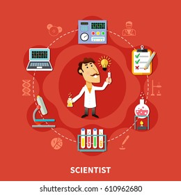 Inventor científico en laboratorio de investigación, hombre en el círculo de íconos químicos, ilustración vectorial plana