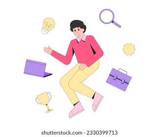 Scientist involved in scientific work. Concept of success at work. Career goal achievement for employees. Effective business performance. Flat vector illustration in cartoon style