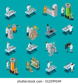 Scientist Isometric Icons Set With Experiment Symbols On Blue Background Isolate Vector Illustration 