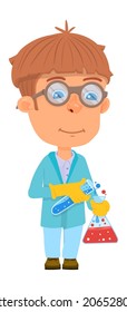 Scientist kid. Cartoon boy with flasks. Chemistry experiment
