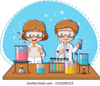 Scientist kids cartoon character with laboratory equipments illustration