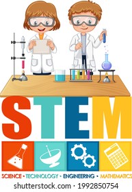 Scientist kids cartoon character with STEM education logo illustration
