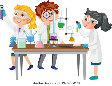 Scientist kids doing chemical experiment illustration