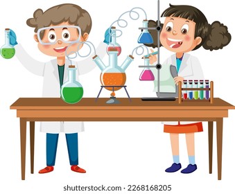 Scientist kids doing chemical experiment illustration