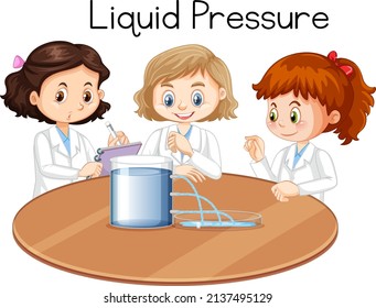 Niños científicos haciendo experimentos de presión líquida ilustración