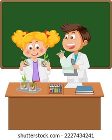 Niños científicos haciendo ilustraciones de experimentos científicos