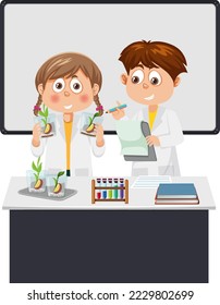 Niños científicos haciendo ilustraciones de experimentos científicos