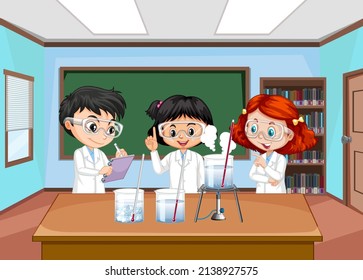 Scientist kids explaining water temperature experiment illustration