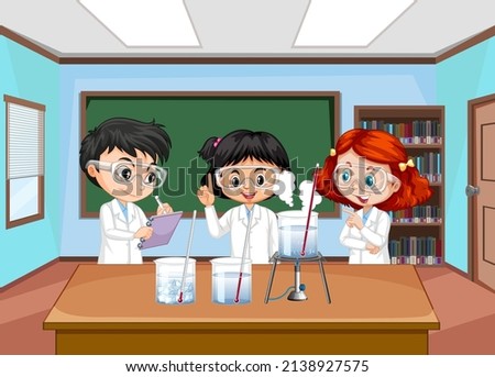 Scientist kids explaining water temperature experiment illustration