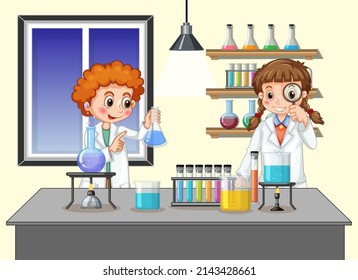 Scientist Kids In Laboratory Room Background Illustration