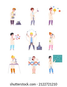 Scientist kids. Scientists children, child experiment in chemistry laboratory, kid science, young inventor or chemist, learning school lab, set cartoon vector illustration. Scientist at laboratory