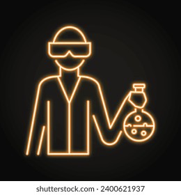 Scientist or lab assistant neon icon. Chemist in safety glasses with laboratory flask in hand. Vector illustration