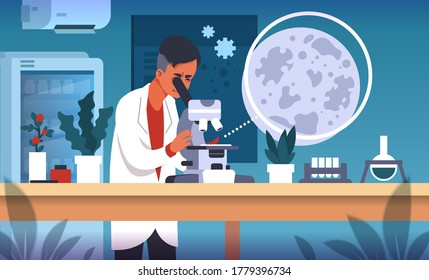 Scientist In Lab. Cartoon Concept Of Laboratory Research, Scientific Experiment And Medical Data Collection And Analysis. Vector Flat Illustrations Science Smart Technology Researching Background