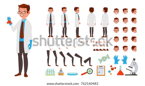 科学者研究用の人物のベクター画像 アニメーション作成セット ホワイトコートを着た科学者化学者 フルレングス 前面 側面 背面 ラボのアクセサリー 顔の表情 平らなカートーンイラスト のベクター画像素材 ロイヤリティフリー