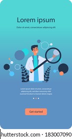 Scientist in lab coat checking algorithm flat vector illustration. Cartoon character with magnifier researching artificial neurons. Science, technology and neuroscience concept