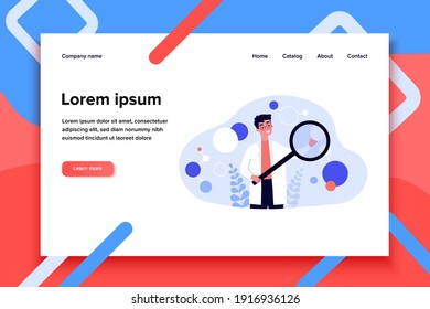 Scientist in lab coat checking algorithm flat vector illustration. Cartoon character with magnifier researching artificial neurons. Science, technology and neuroscience concept