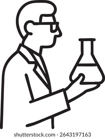 Um cientista em um jaleco de laboratório e óculos segura um Erlenmeyer, que aparece para analisar seu conteúdo.