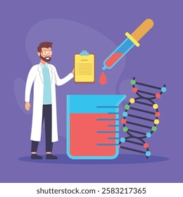 Scientist in lab coat holding clipboard while standing next to beaker filled with red liquid. Pipette dripping fluid into beaker, alongside DNA strand illustration