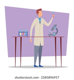 Scientist in lab coat holding test tube while examining it under microscope. Health-related research, featuring lab equipment concept