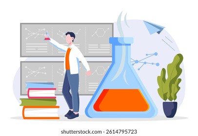 A scientist in a lab coat holds a flask with red liquid near a giant beaker, surrounded by books, charts, and a plant on a white background. Science concept. Vector illustration