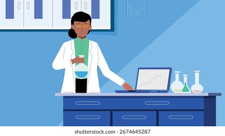 Um cientista em um jaleco segura um frasco ao revisar um
 gráfico ascendente em um laptop, rodeado por equipamentos de laboratório e tons azuis.