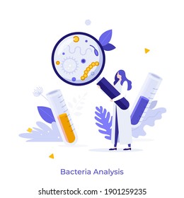 Scientist in lab coat looking at microscopic organisms through magnifying glass. Concept of bacteria analysis, microbiology research, bacteriology. Modern flat vector illustration for poster, banner.