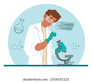 scientist in lab coat looking at something through microscope. vector illustration.