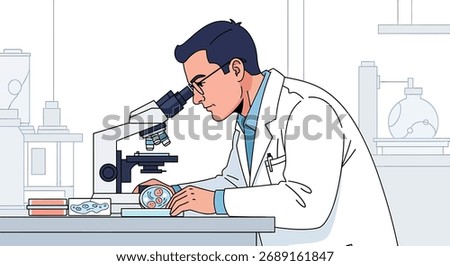 A scientist in a lab coat looks through a microscope, examining a sample in a petri dish. Other lab equipment is visible in the background.