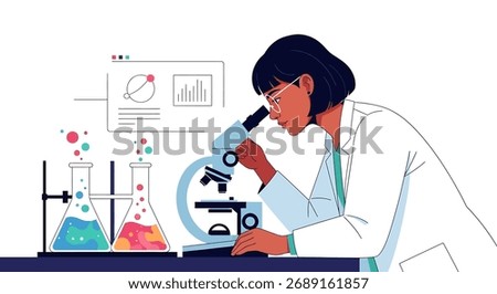 A scientist in a lab coat looks through a microscope. Beakers and data visualization are nearby.