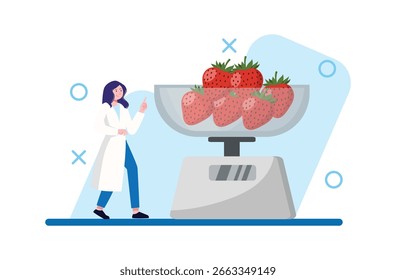 Scientist in a lab coat pointing towards a bowl of vibrant red strawberries being weighed on a digital scale, conveying healthy eating or food science for nutrition-related campaigns.
