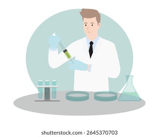 Cientista no experimento de preparação de jaleco com seringa, tubos de teste, placas de Petri