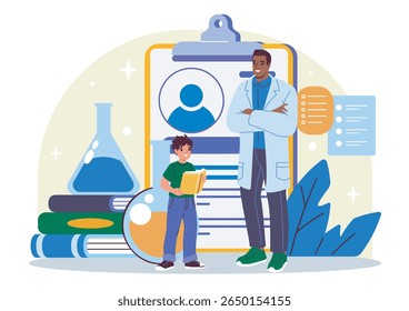 Cientista vestindo um jaleco com um estudante sorridente segurando um livro, cercado por equipamentos de laboratório e livros sobre um fundo claro. Conceito de educação científica. Ilustração vetorial
