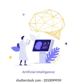 Scientist in lab coat standing at control panel and looking at virtual model of human brain. Concept of artificial intelligence or neural network. Modern flat vector illustration for poster, banner.