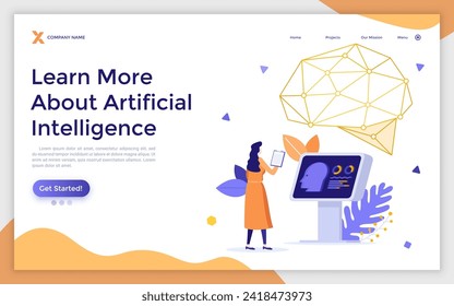Scientist in lab coat standing at control panel and looking at virtual model of human brain. Concept of artificial intelligence or neural network. Modern flat vector illustration for poster, banner.