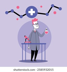 Scientist in lab coat standing at table holding flask with liquid. Molecular structure graphic behind him. Medical research and innovation concept