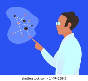 Scientist  in lab coats holding molecule and analyzing it. Scientific research in genetic engineering. Flat cartoon vector illustration.