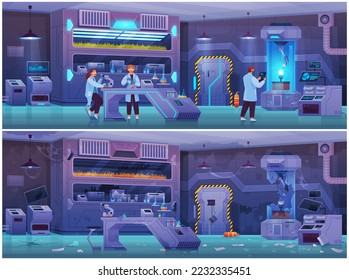 Scientist in lab conducts experiment. Study of technology with equipment before and after failed test, make research on professional apparatus. Modern laboratory physical tests with electricity