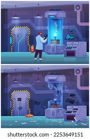 Scientist in lab conducts experiment. Study of technology with equipment before and after failed test, make research on professional apparatus. Modern laboratory physical tests with electricity