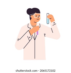 Scientist with lab glass tubes, studying chemistry. Researcher doctor at chemical experiment and science research, analyzing laboratory liquids. Flat vector illustration isolated on white background