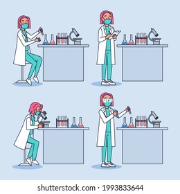Scientist Lab with Man Character in researching lab researchers working with lab equipment. A scientist chemist conducts scientific experiments in the laboratory. Vector illustration flat design