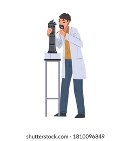 Scientist in Lab, Man in White Coat Doing Scientific Experiment with Laboratory Equipment Vector Illustration on White Background