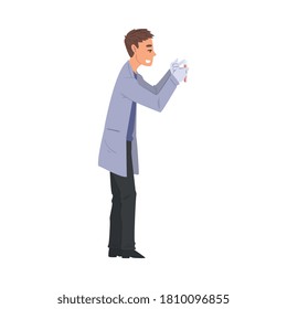 Scientist in Lab, Man in White Coat Doing Medical or Chemical Researches with Laboratory Equipment Vector Illustration on White Background