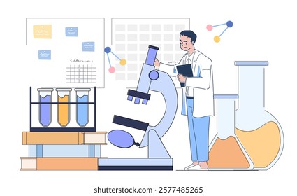 Scientist in a lab with a microscope, test tubes, and flasks. Minimalist style, white background. Concept of scientific research and innovation. Flat line art vector illustration