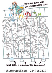 Scientist in lab is pouring colorful solution into tubes. Children logic game to pass maze. Educational game for kids. Attention task. Choose right path. Funny cartoon character. Worksheet page