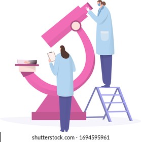 Scientist lab research, concept with tiny people cartoon characters, set isolated on white, vector illustration. Scientific experiment in medical laboratory biology analysis. Genetic science invention
