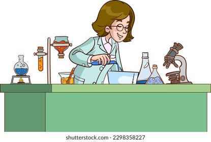 Scientist in lab. Science experiment in medical laboratory. Vector illustration