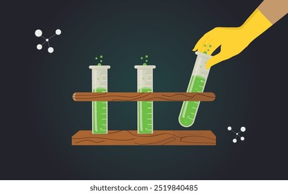 Un científico en un laboratorio sostiene un tubo de ensayo lleno de líquido verde sobre un bastidor de otros tubos de ensayo. Ilustración de laboratorio de Ciencia. Vector de sustancias peligrosas