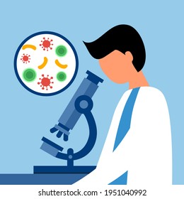 Scientist or lab technician studying bacteria and microorganisms with medical microscope vector illustration. Microbiology.