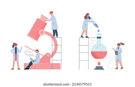 Scientist in Lab with Tiny People Character in White Coat Doing Chemical Research with Huge Laboratory Equipment Vector Set