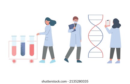 Scientist in Lab with Tiny People Character in White Coat Doing Chemical Research with Huge Laboratory Equipment Vector Set